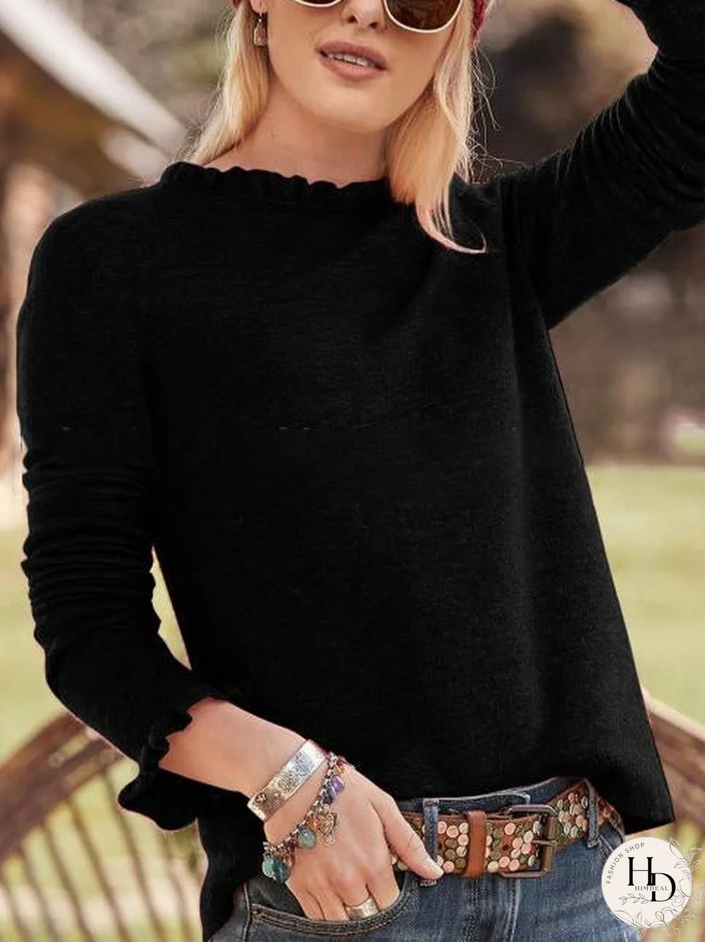 Round Neck Ruffled Sleeve Plain Sweater