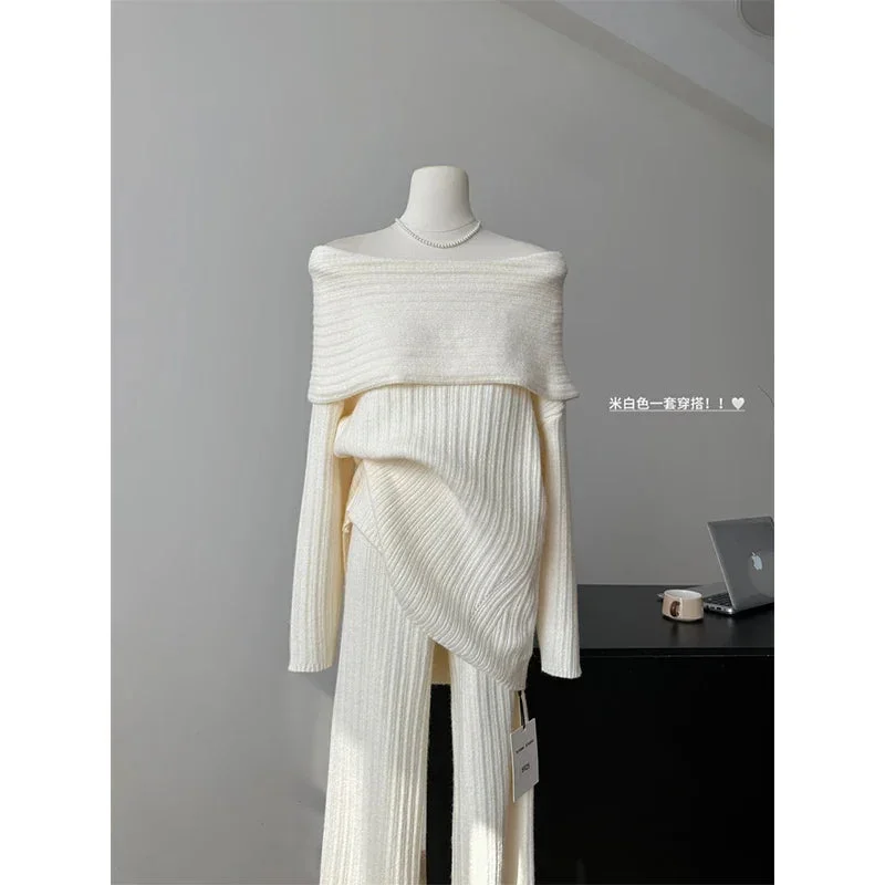 Huiketi Women's Knitted Two Piece Set Vintage High Waist Pants and Long Sleeve Sweater Female Elegant Pants Sets Suits Y2k 2000s Clothes