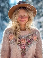 Vintage Floral Knit Embroidered Art Women's Crew Neck Sweater