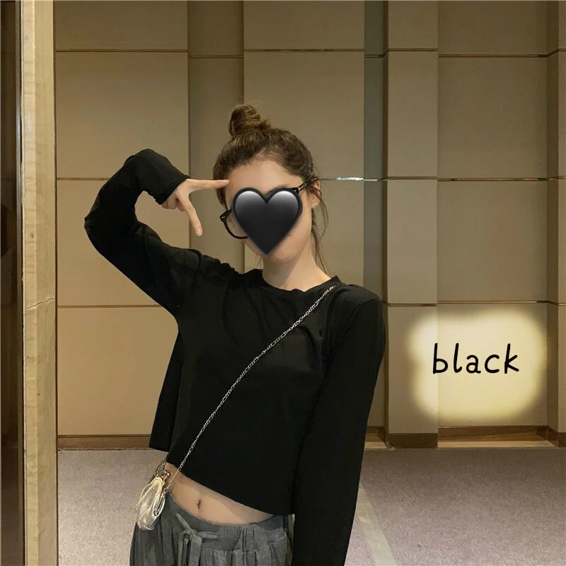 Long Sleeve T-shirts Spring Crop-top Women Solid Korean Style Sexy Sweet Girls Casual Loose Trendy Ins All-match Tees Ulzzang