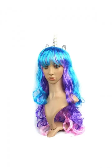 Unicorn Cosplay Colorful Long Curly Wig For Halloween Party Blue-elleschic
