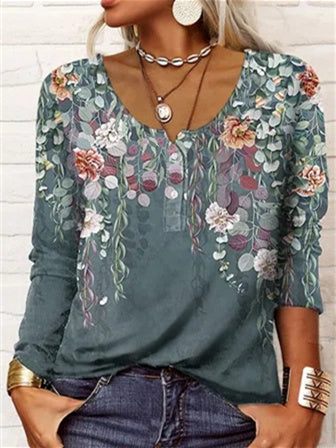 Women Long Sleeve V-neck Graphic Floral Printed Top