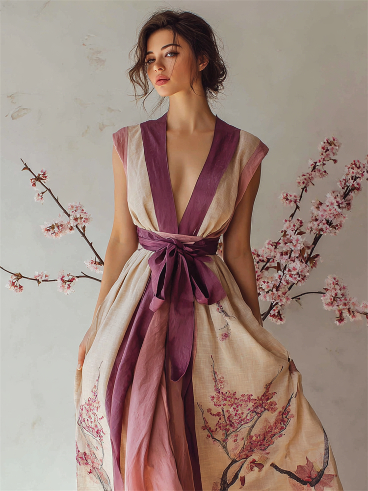 Japanese Cherry Blossom Art Flowy Tied Linen Maxi Dress wearshes