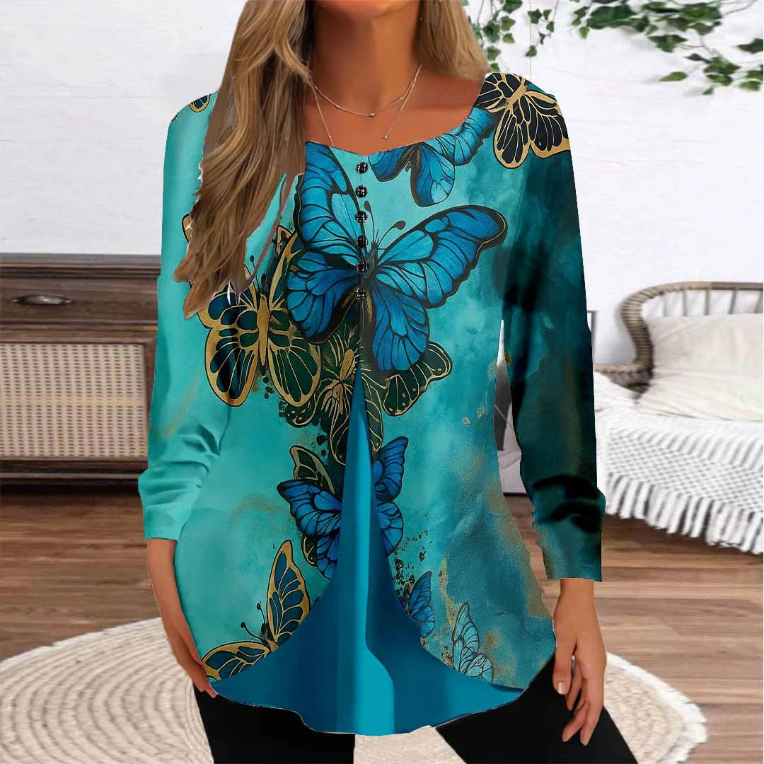 Women Graphic,Blue DZGG8278 Long Sleeve Scoop Neck Printed Graphic Button Fake 2in1 Tops