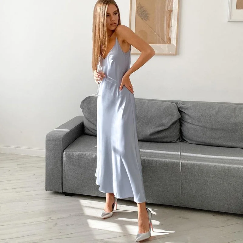 Julissa Mo Satin V-Neck Party Dress For Women 2021 Sleeveless Spaghetti Strap Long Dresses Summer Sexy Elegant Clubwear Vestidos