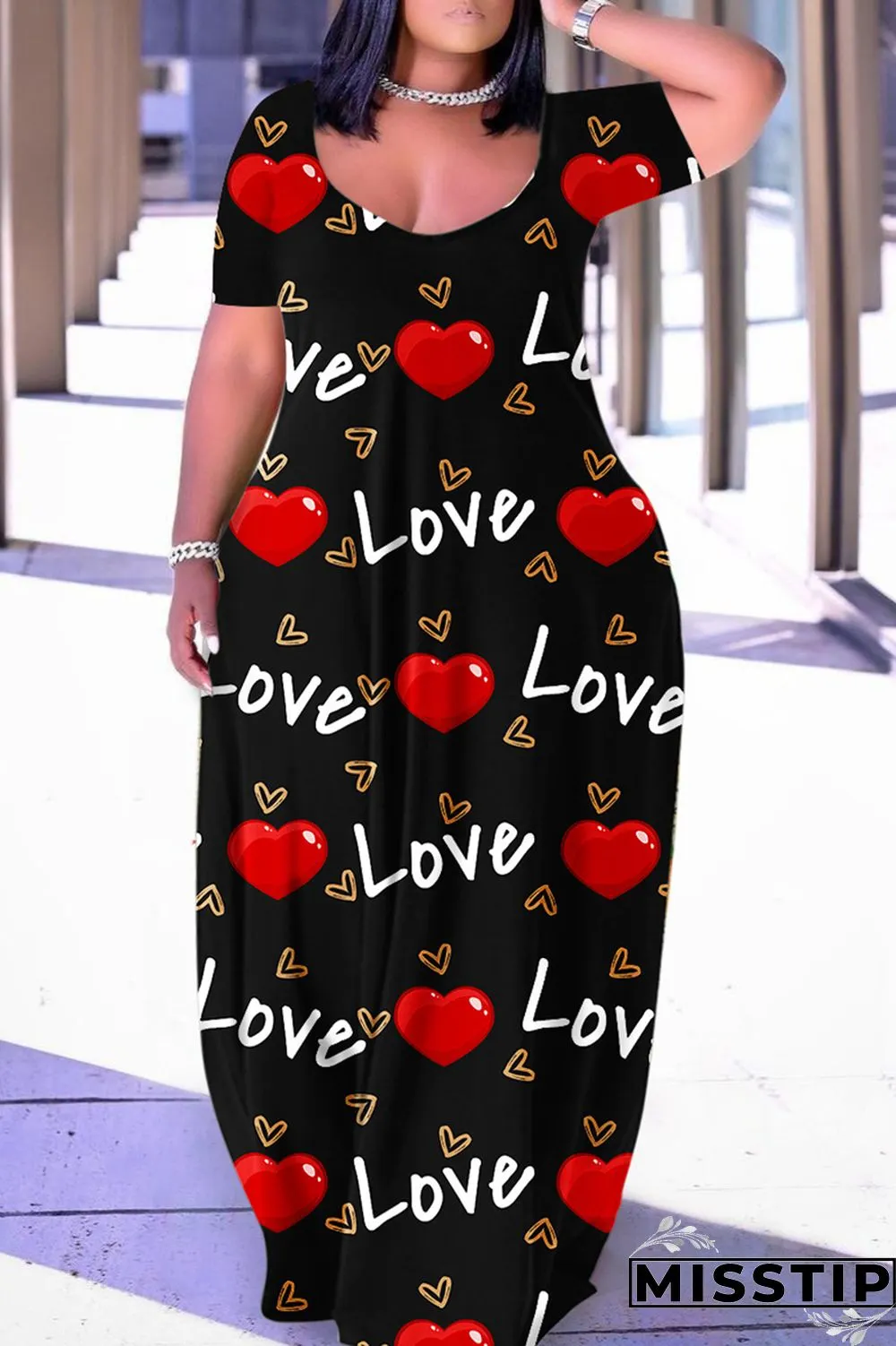 Multicolor Casual Print Basic V Neck Short Sleeve Dress Plus Size Dresses