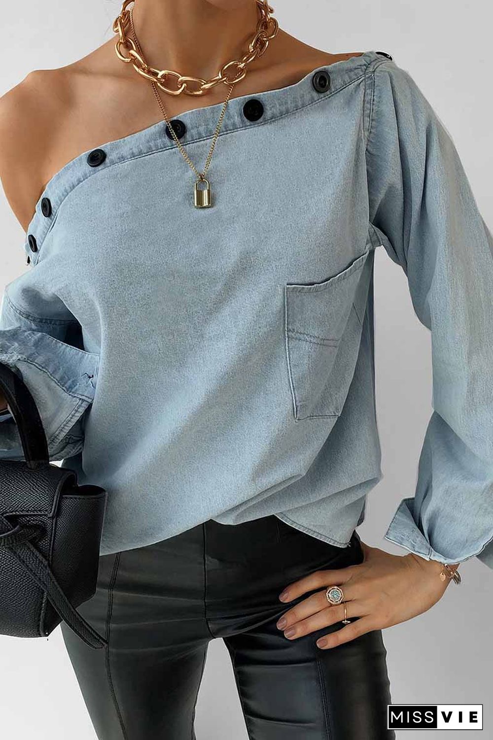 Spring Button-Neck Off-Shoulder Long-Sleeved Denim Shirt
