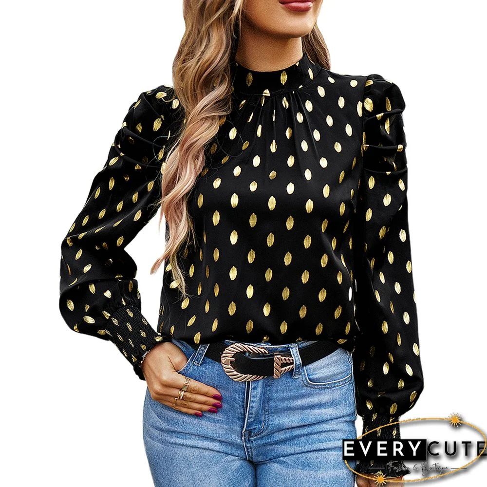 Black Polka Dot Pleated Cuffs Long Sleeve Tops