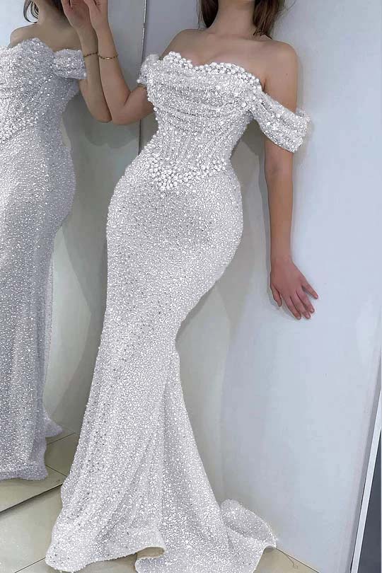 Lisliy Luxurious Pearls Mermaid Off-the-shoulder Beaded Prom Dress 