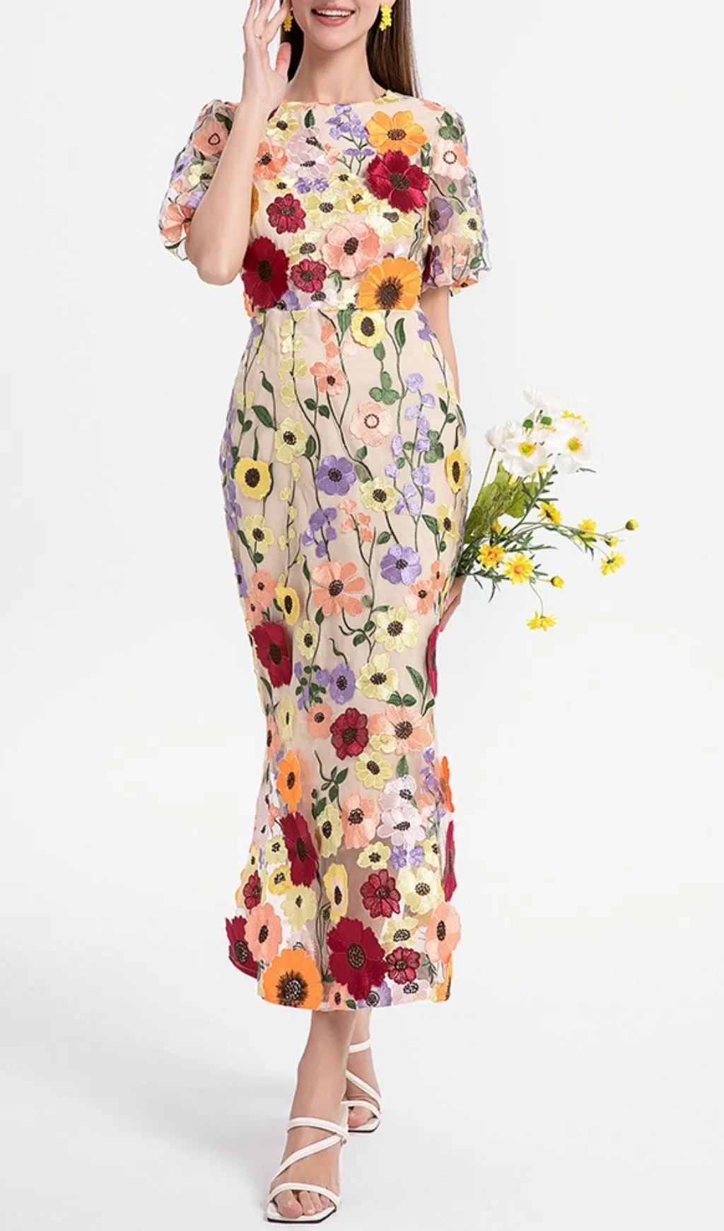 Fashionslee Women Kura Puff Sleeve Flower Embroidery Midi Dress