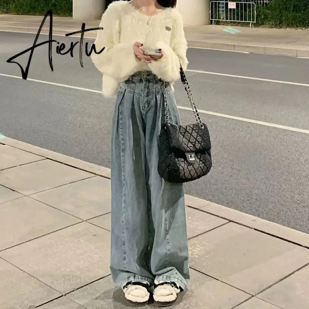 Aiertu Vintage Blue baggy Jeans Women Korean High Wiast Loose Denim Wide Leg Pants Woman Autumn Winter Streetwear Trousers Aiertu