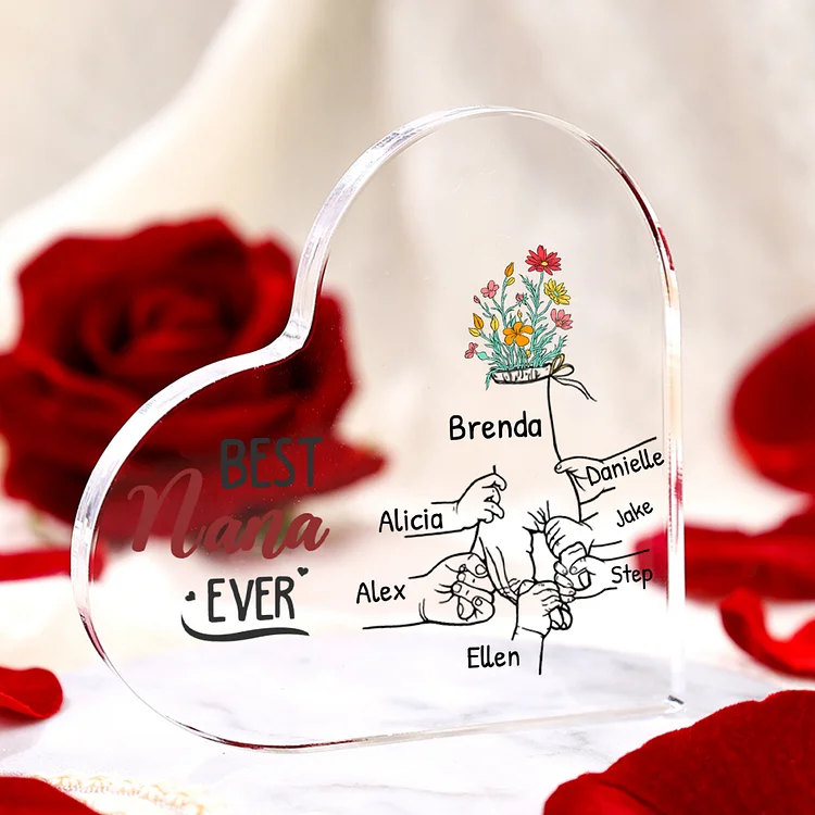 Personalized Acrylic Heart Keepsake Custom 2–7 Names Ornaments Flower Gifts for Grandma - Best Nana Ever