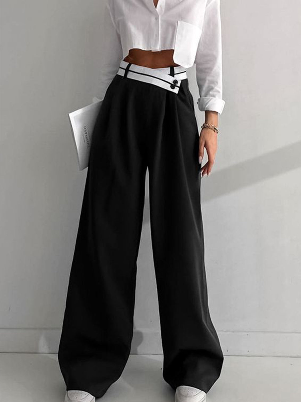 Rotimia Asymmetrical Contrast Waistband Wide Leg Pants