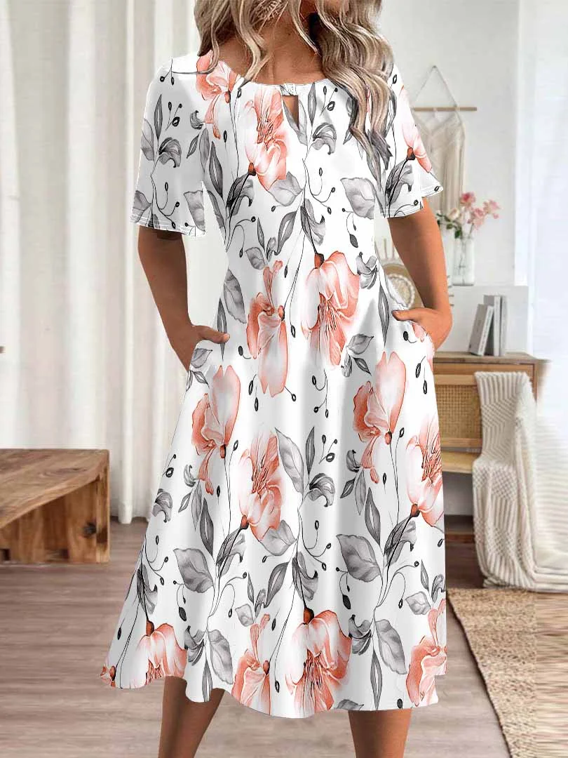 Women Floral,Pink DZHA8193 Short Sleeve Scoop Neck Graphic Printed Hollow Midi Dress
