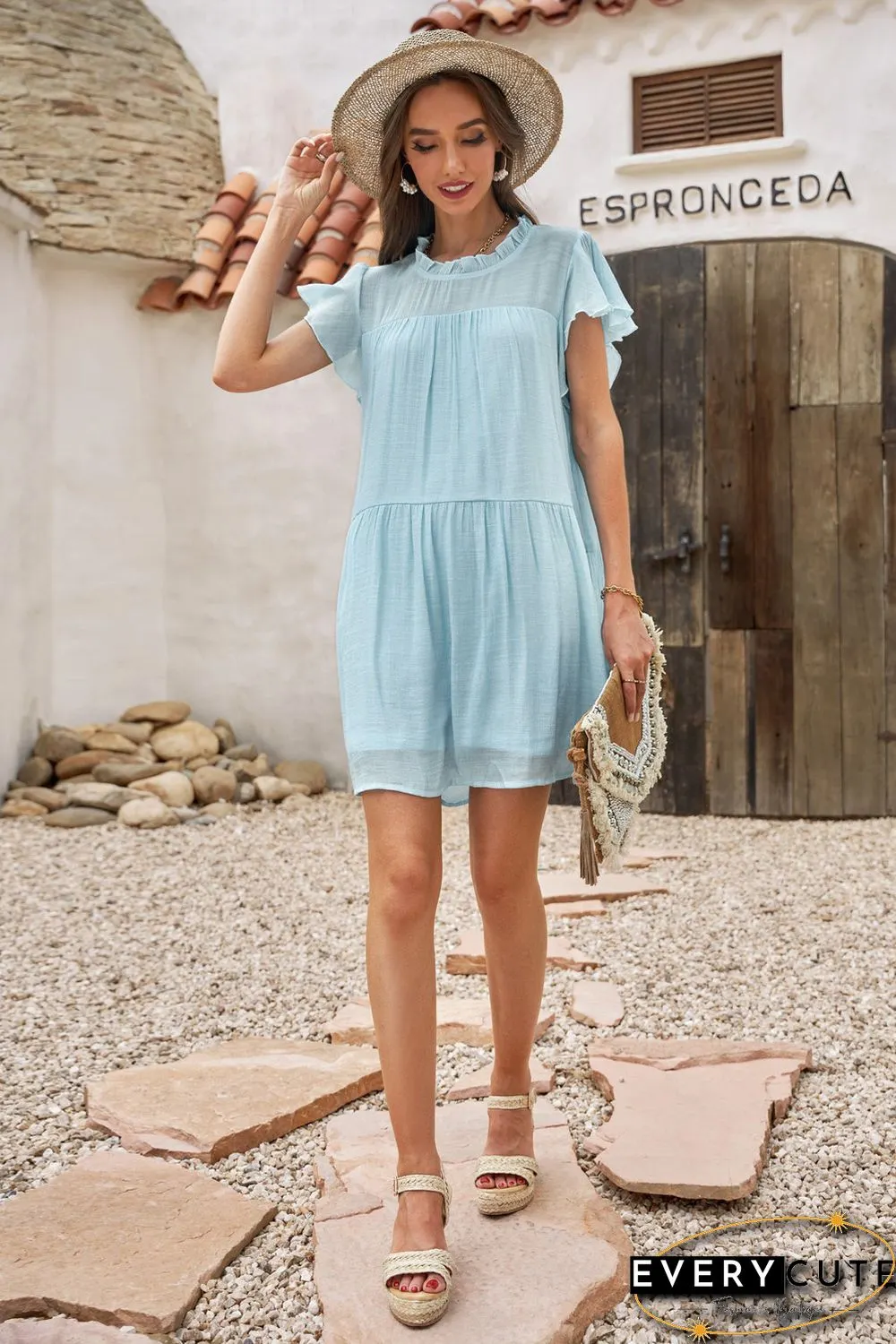 Sky Blue Frilled Neck Ruffle Swing Mini Dress with Pockets