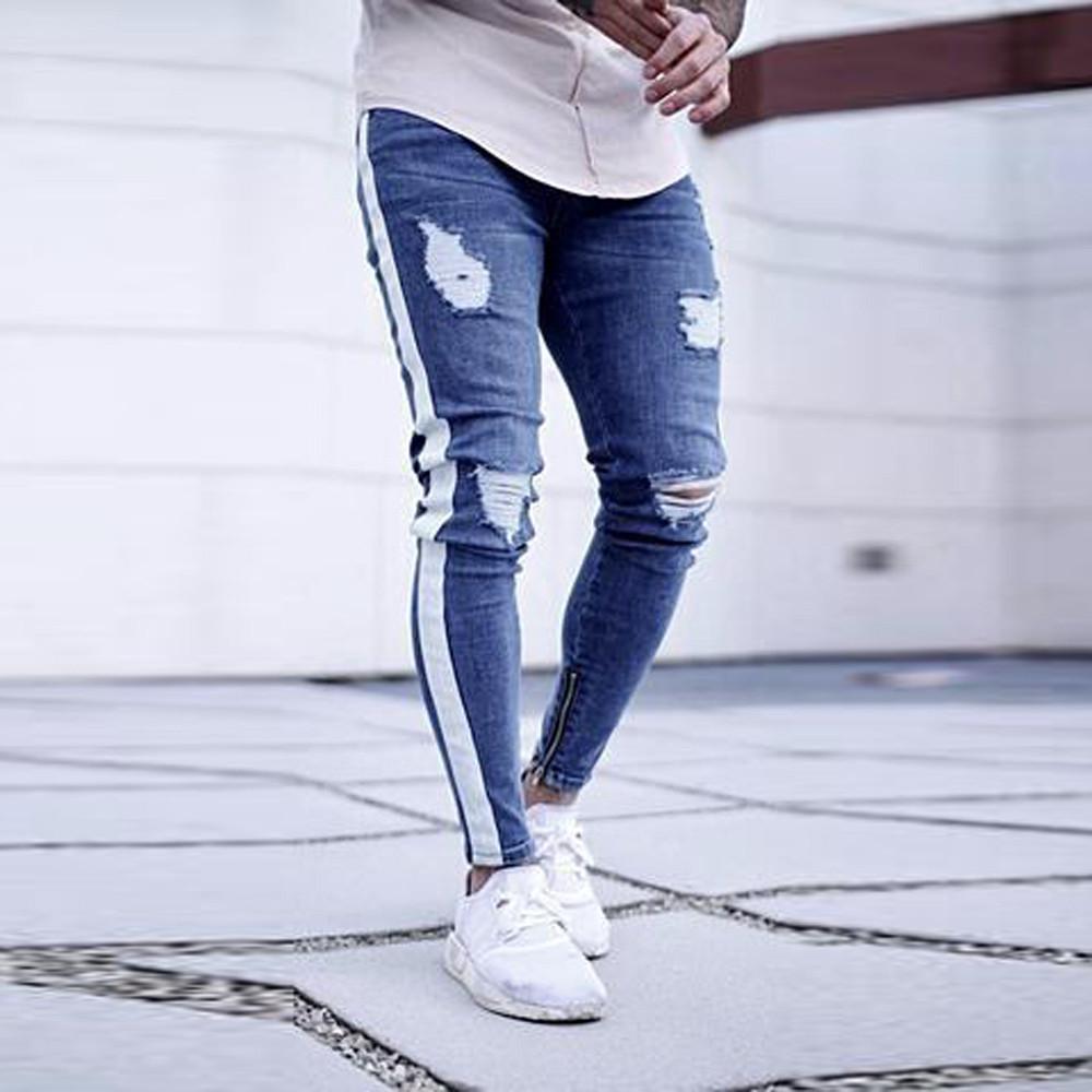 Mens Stretch Denim Pants Distressed Ripped Freyed Slim Fit Zipper Jeans Trousers