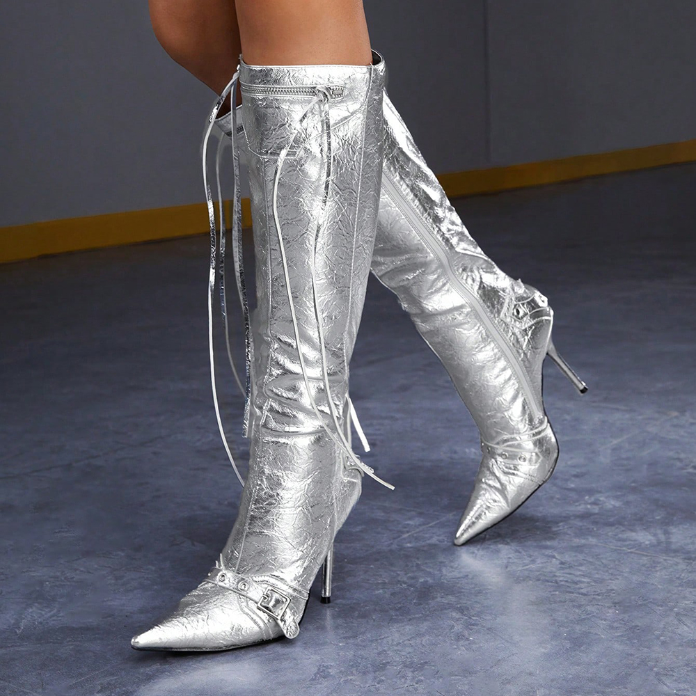 Silver Vegan Leather Closed Toe 4‘’ Stiletto Heel Knee High Boots Nicepairs