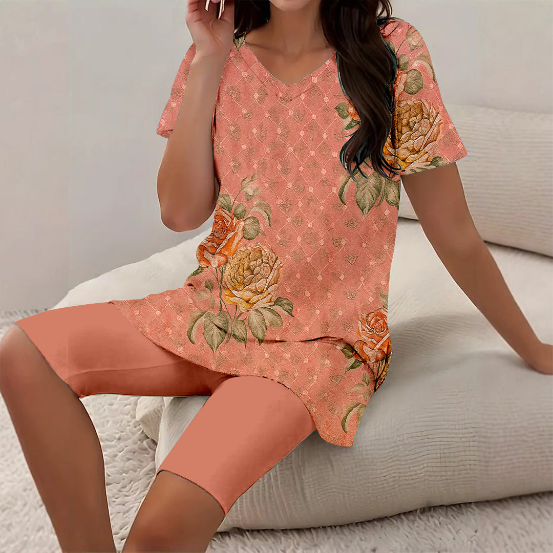 Women Long Sleeve V-neck Graphic Floral Printed Top