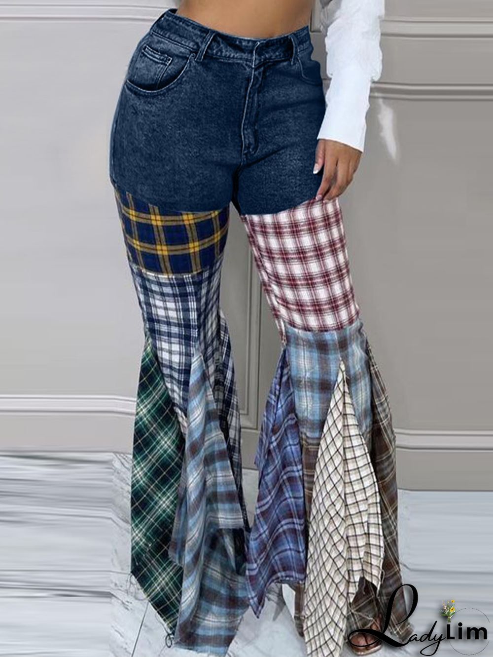 Fashion Plaid Patchwork Denim High Waisted Flared Pants