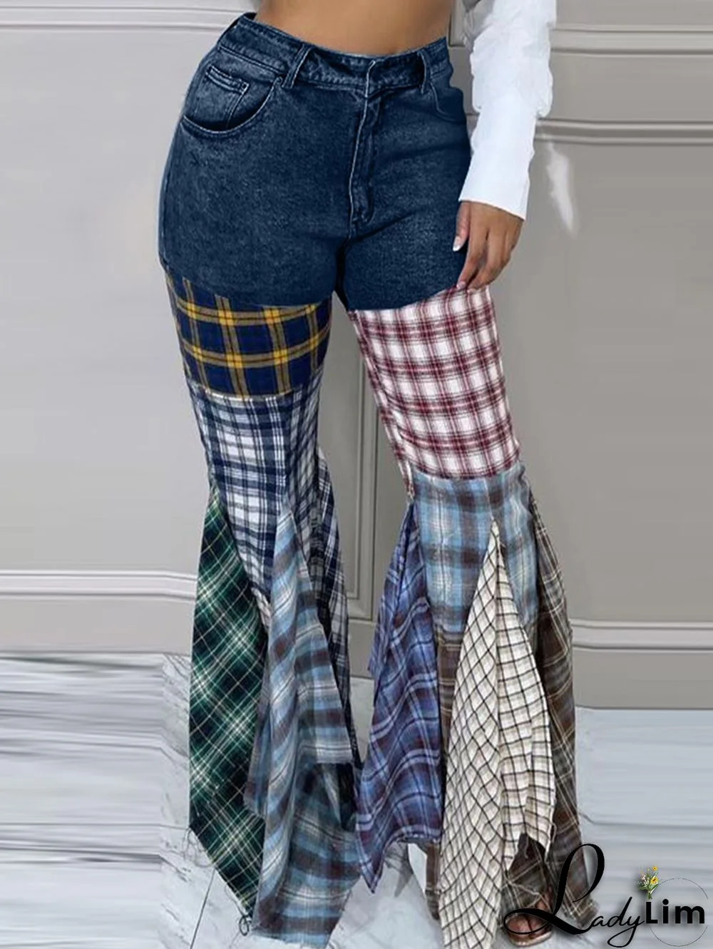 Fashion Plaid Patchwork Denim High Waisted Flared Pants