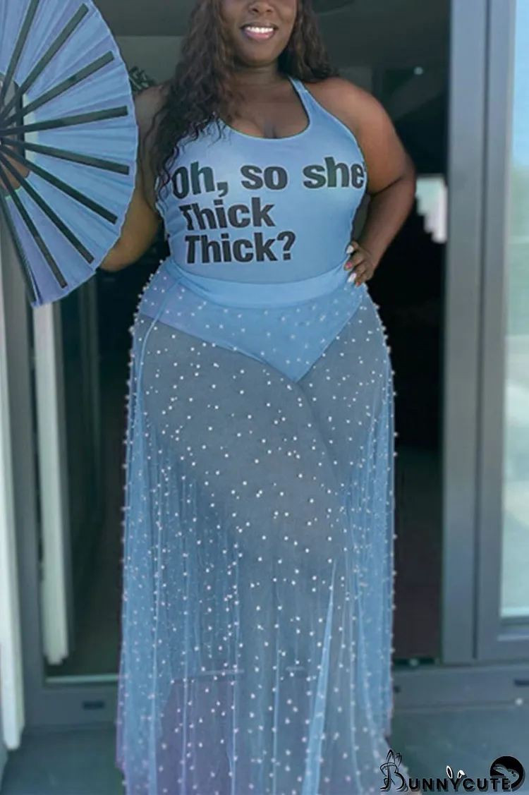 Blue Sexy Fashion Printed Plus Size Sleeveless Skirt Set