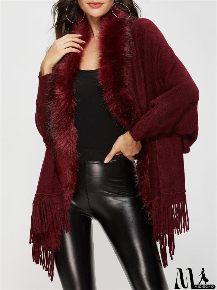 MidiSono - Elegant Lady Fur Collar Tassel Design Batwing Sleeve Cardigan Shawl Sweaters