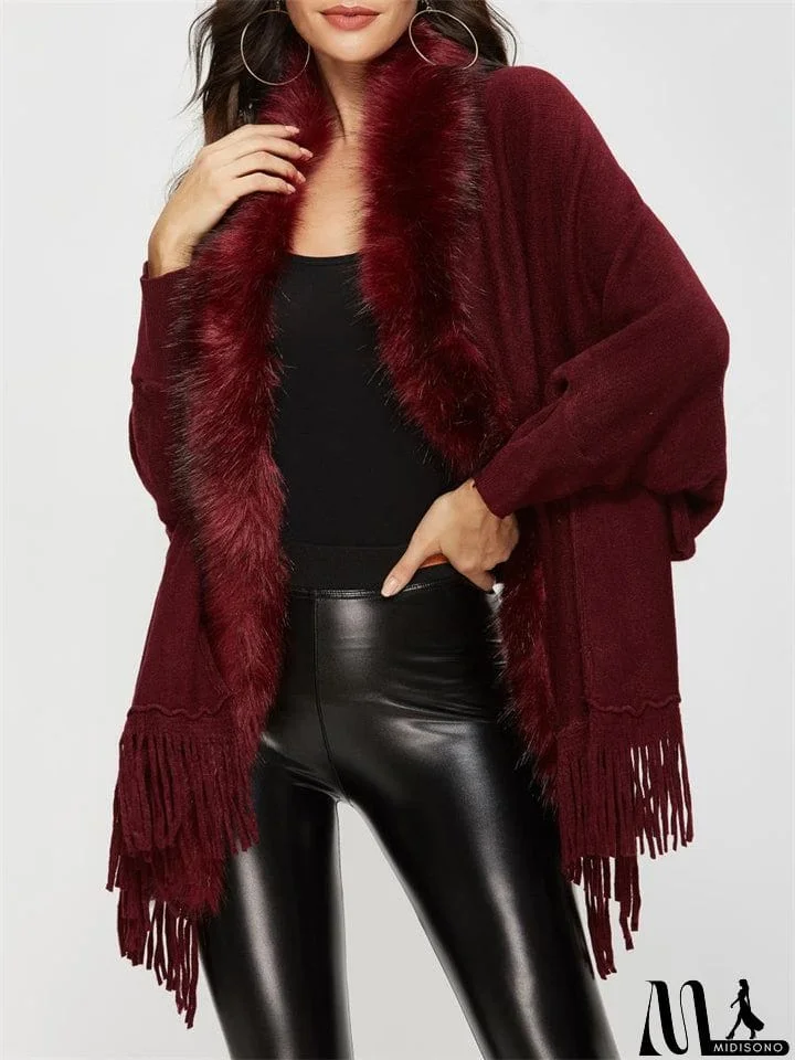 MidiSono - Elegant Lady Fur Collar Tassel Design Batwing Sleeve Cardigan Shawl Sweaters