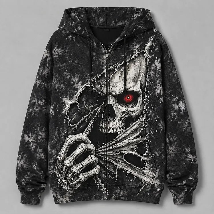 Men's Gothic Dark Fantasy Zip-up Hoodie - Creepy Red-eyed Skull Ripping Fabric Print Jacket