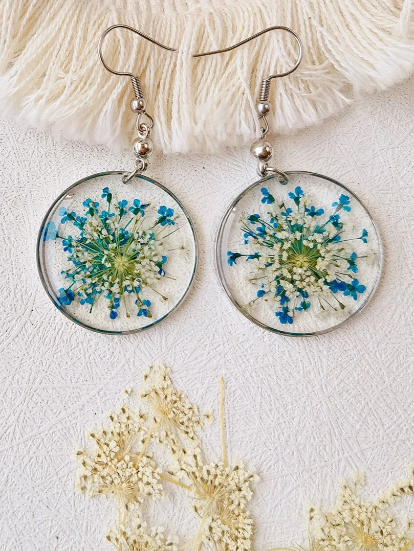 Forget Me Not Queen Anne Lace Resin Pressed Flower Earrings