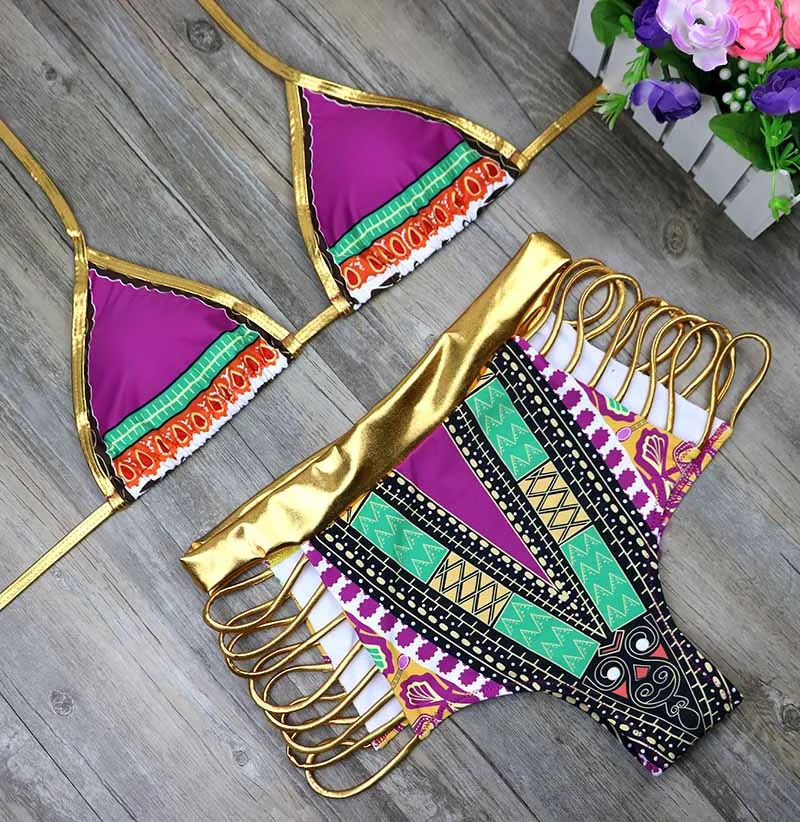 2021 New African Print Two-Pieces Bath Suits Bikini Set Sexy Geometric Swimwear Swimsuit Gold High Waist Swimming Suit