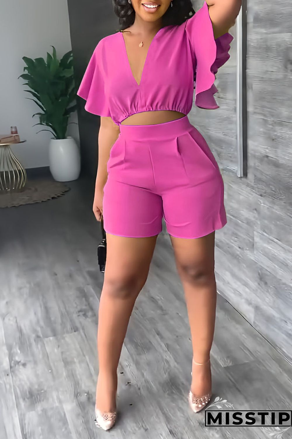 Yellow Casual Solid Patchwork Flounce V Neck Short Sleeve Two Pieces