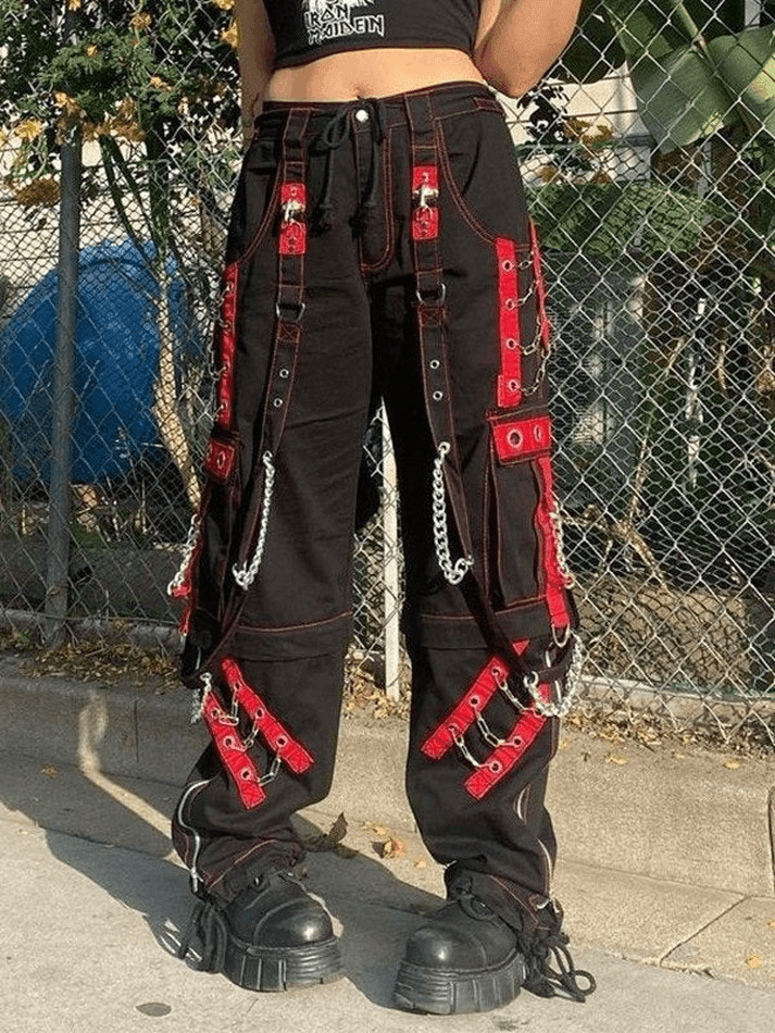 Brownm Chain Embellished Strap Straight Leg Pants