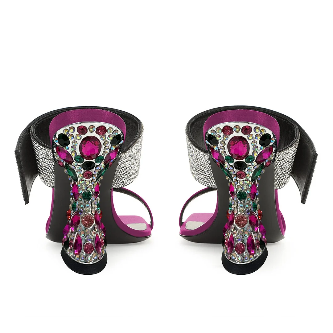 Satin Colorful Rhinestone Embellished Decorative Heel Mules in Fuchsia