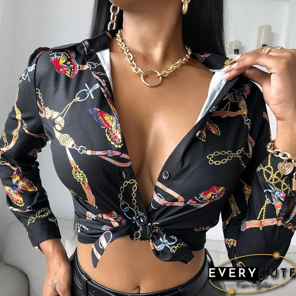 Womens Turn-Down Collar Blouse Spring & Autumn Long Sleeve Butterfly Print tops button