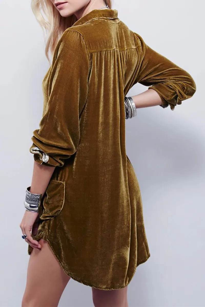 Fashion Casual Solid Split Joint Pocket Turndown Collar Shirt Dress Dresses(3 Colors)