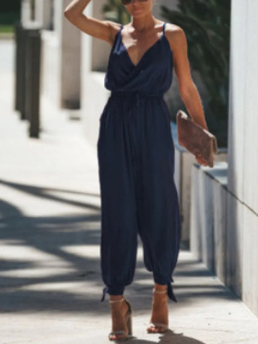 Strap V-Neck Tie Cuff Slimming Jumpsuits