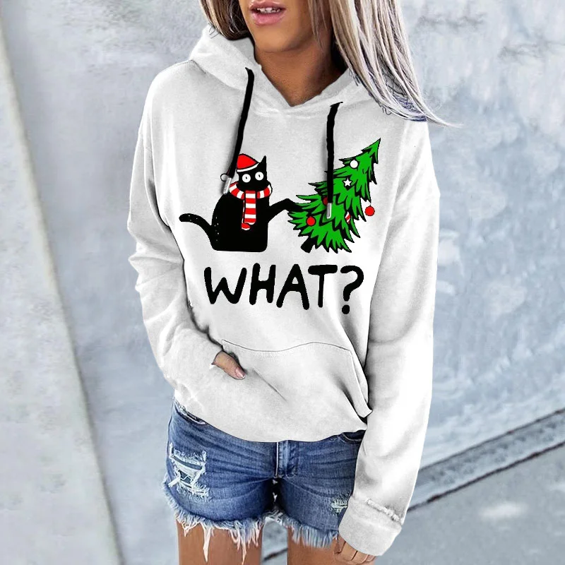 What Christmas Cat Print Casual Hoodie