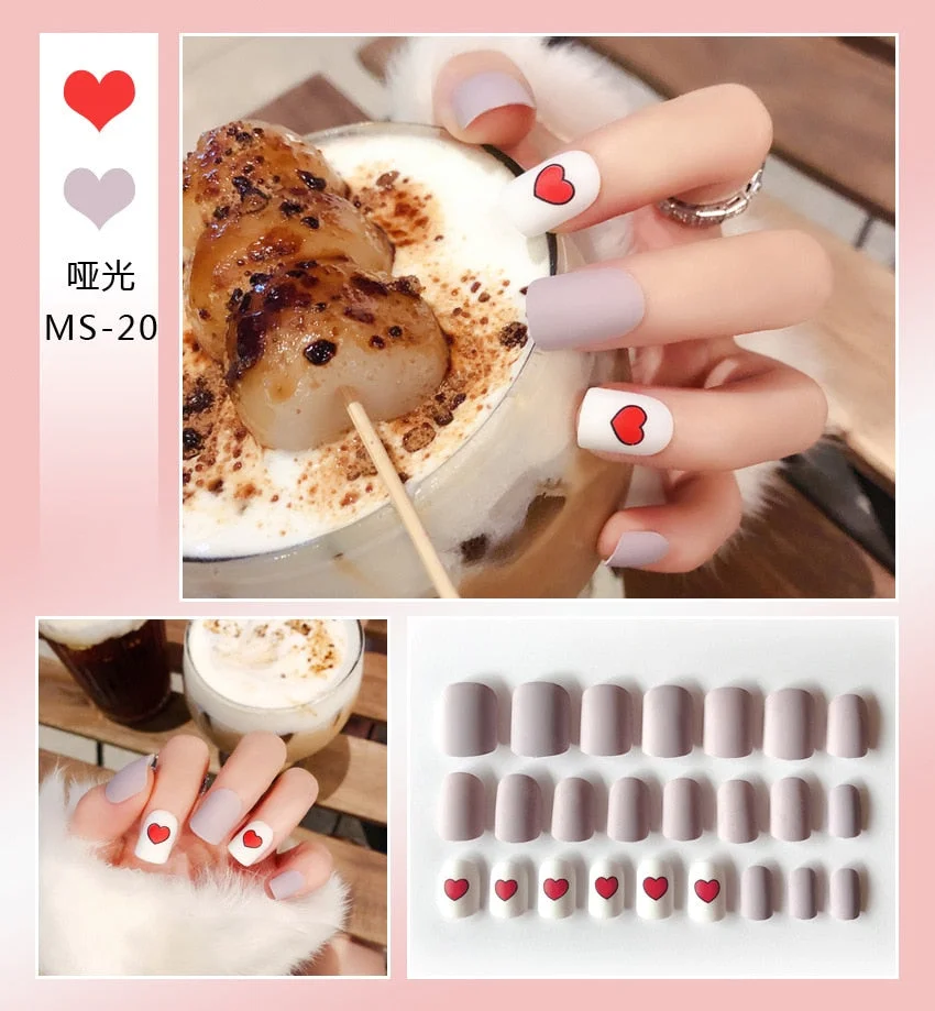 24pcs Matte False Nail Press On Nail With Glue Round Graffiti Fake Nail Manicure Nail Art Decoration  Nail Art Tools-Nail Inspo