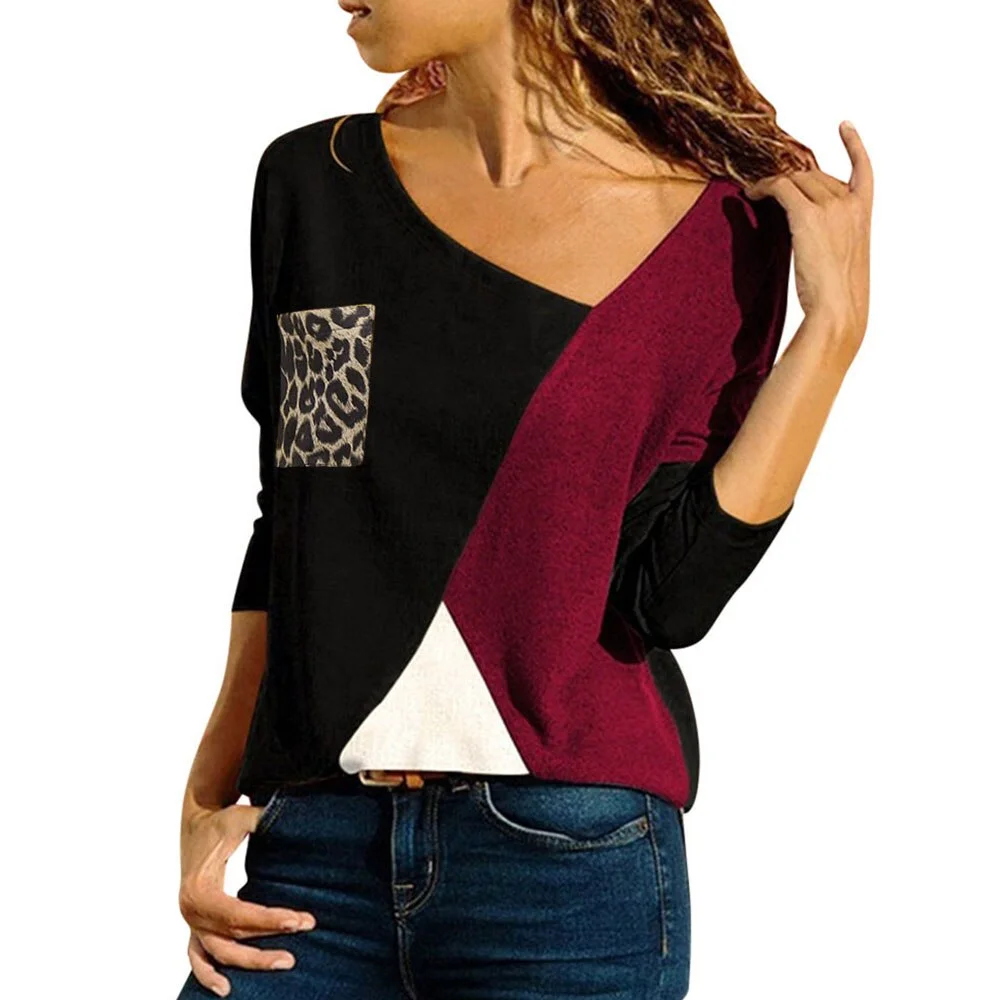 Fashion Women Asymmetric V-Neck Tops Colorblock Long Sleeve T Shirts Autumn Office Ladies Streetwear Slim Fit Female Pullovers