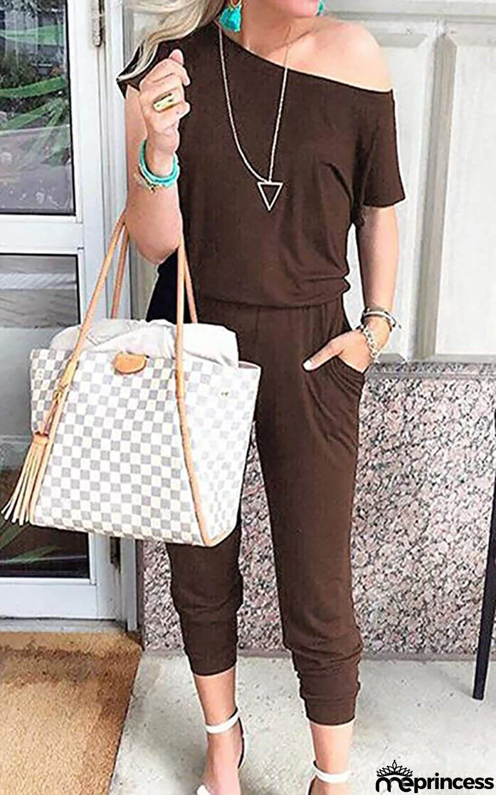 Women's Loose Fit Off Shoulder Jumpsuit Rompers with Pockets