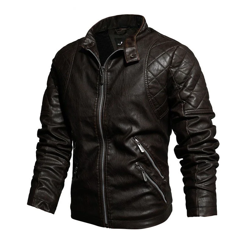 Men Stand Collar PU Leather Jacket Plus Velvet Jacket
