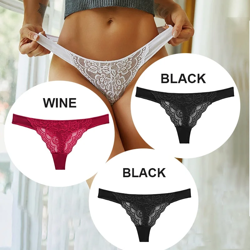 FINETOO 3PCS/Set M-XL Cotton G-string Women Lace Panties Sexy Woman Thong Underwear Lingerie Lace Pantys Femme T-Back Underpants