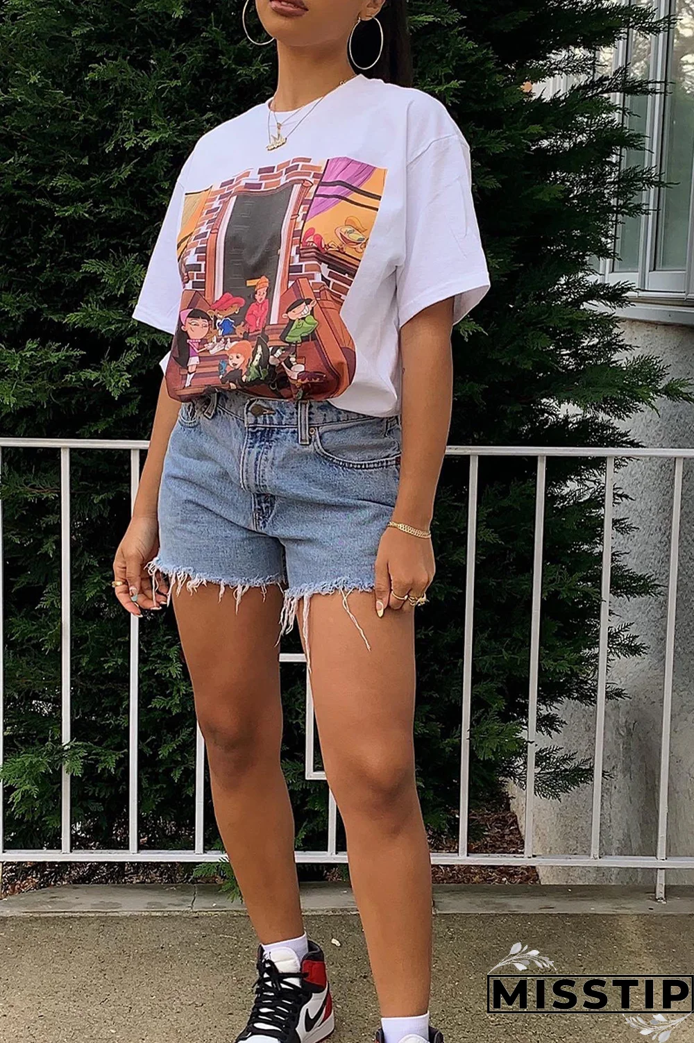 Black Fashion Street Print Patchwork O Neck T-Shirts