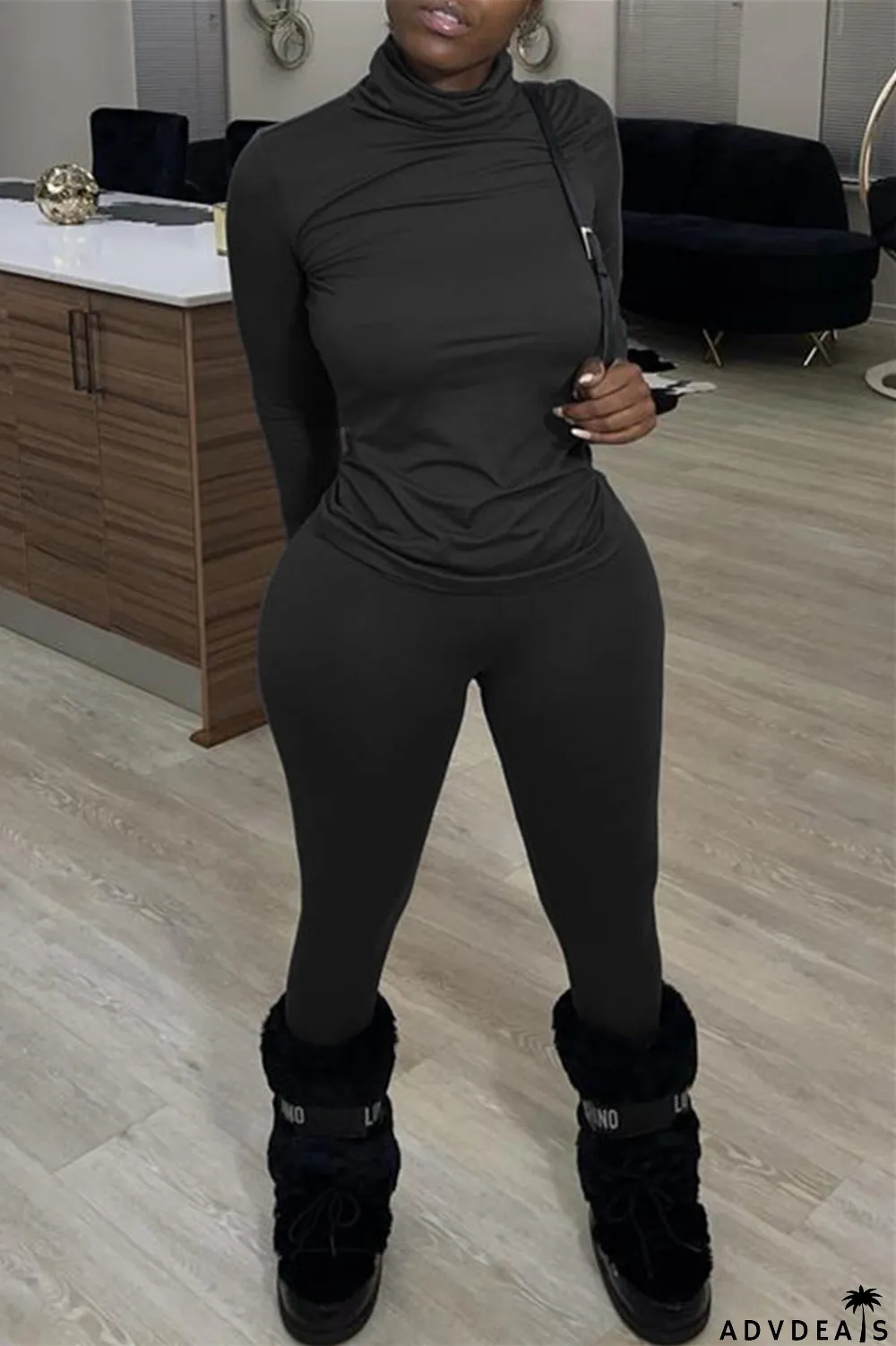 Blue Casual Solid Basic Turtleneck Long Sleeve Two Pieces