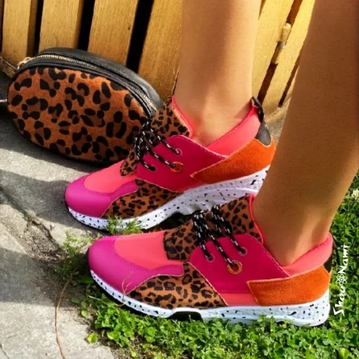 2020 New Women Casual Shoes Breathable Ladies Sneakers Leopard Print Faux Fur Sneakers Lace-up Platform Sports Shoes Women