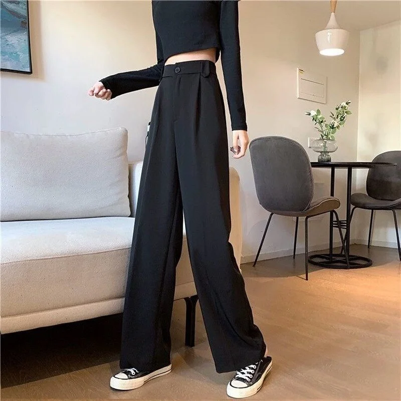 Casual Pants Women Plus Size 4XL Wide-leg Button Fly High Waist Elegant Office Ladies Full Length Leisure Loose Ulzzang Cool Ins