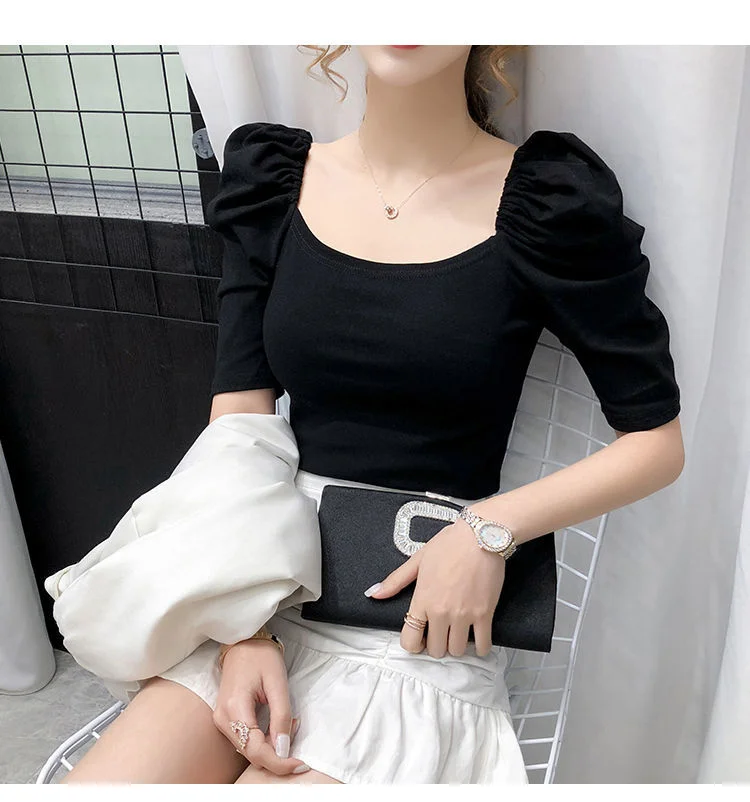 Vintage Clothes T Shirts Summer Top For Women 2021 Puff Sleeve Solid Color Sexy Basic Tshirts Woman Korean Fashion