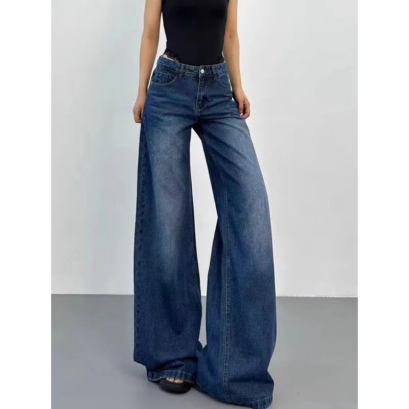 Aiertu Blue Womens Jeans High Waist Vintage Straight Summer Plus Size Y2K Denim Pants Streetwear American Baggy Wide Leg Denim Trouser Aiertu