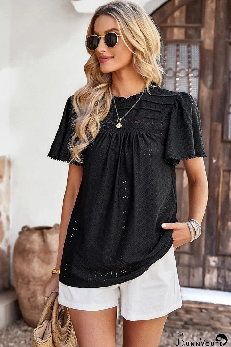 Frill Trim Round Neck Eyelet Puff Sleeve Blouse