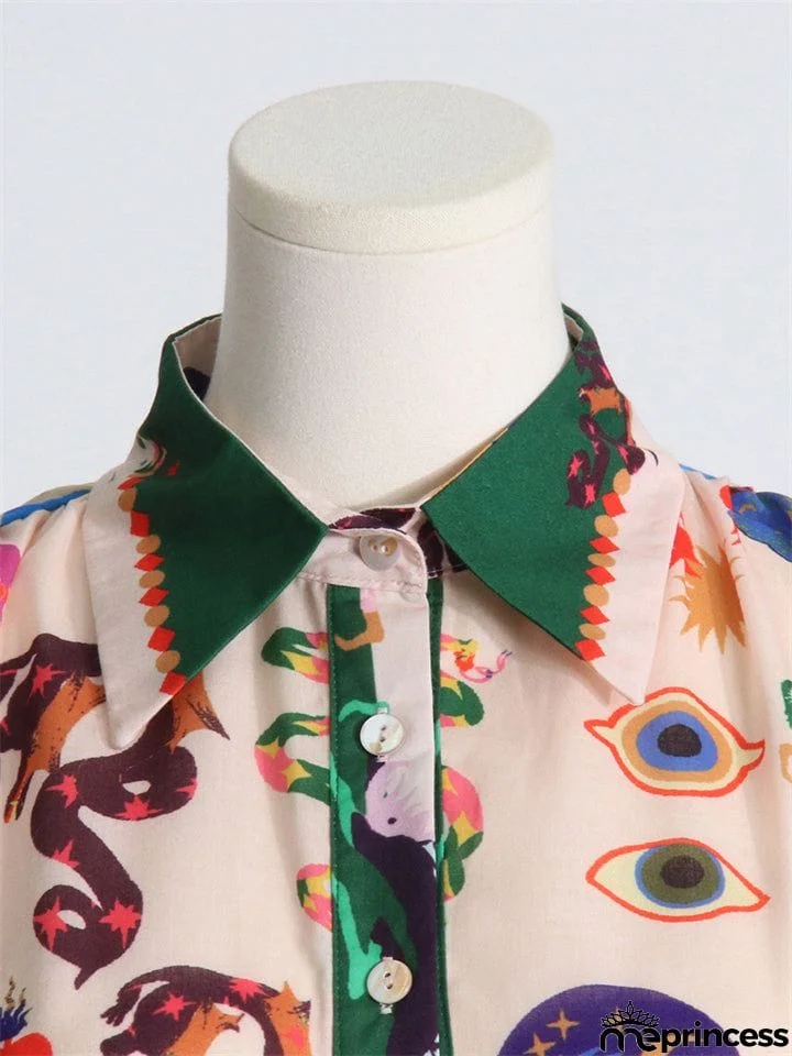 Bohemian Casual Lapel Button Lantern Sleeve Printed Ladies Dress